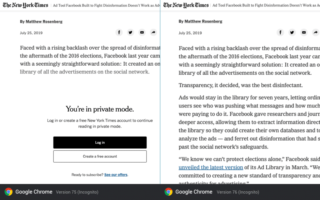 NYTimes before and after Chrome update
