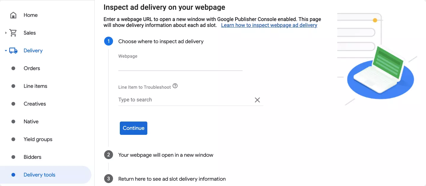 Inspect ad delivery on web page