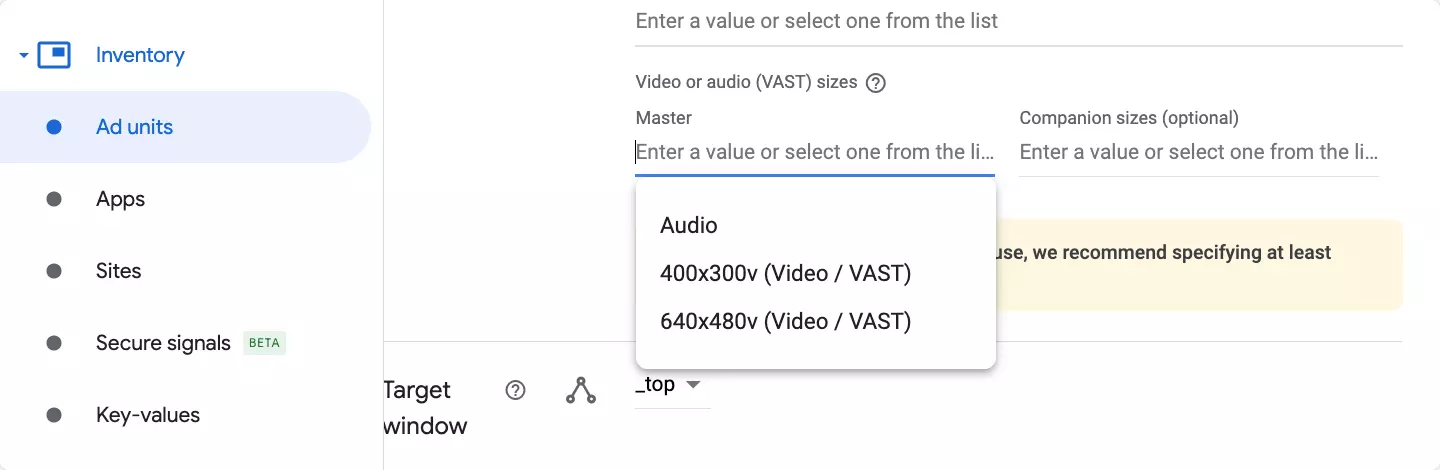 Select Video Ad Size