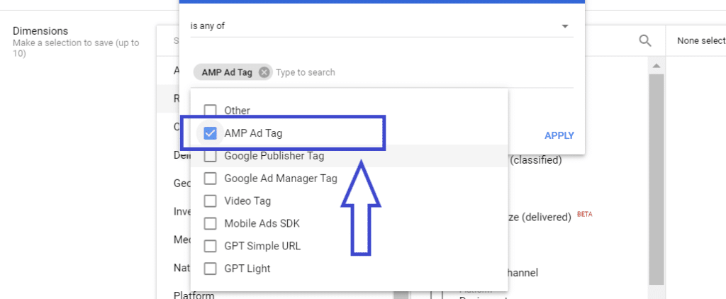Select AMP ad tag in dimensions
